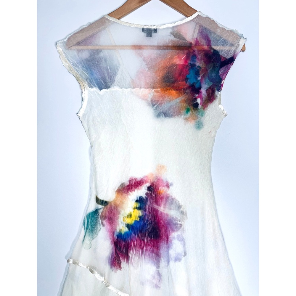 Komarov Dress Small Ivory Watercolor Floral Tiered Ruffle Midi Crinkle USA Made - Picture 3 of 16